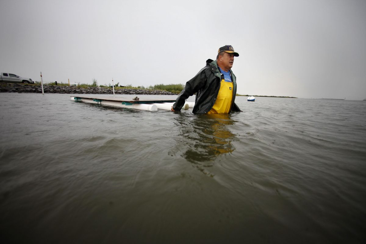 John Supan, a Louisiana State University biologist  who specializes in oyster farming research, pulls a raft as he wades into his  hatchery Aug. 9 to pull samples in the aftermath of the Deepwater Horizon oil spill in the Gulf of Mexico. (Associated Press)