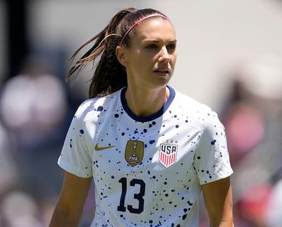 Alex Morgan of the USA Women’s National Team looks on against the Wales National Team in the first half of the Send Off Match at PayPal Park on July 9, 2023, in San Jose, California.  (Tribune News Service)