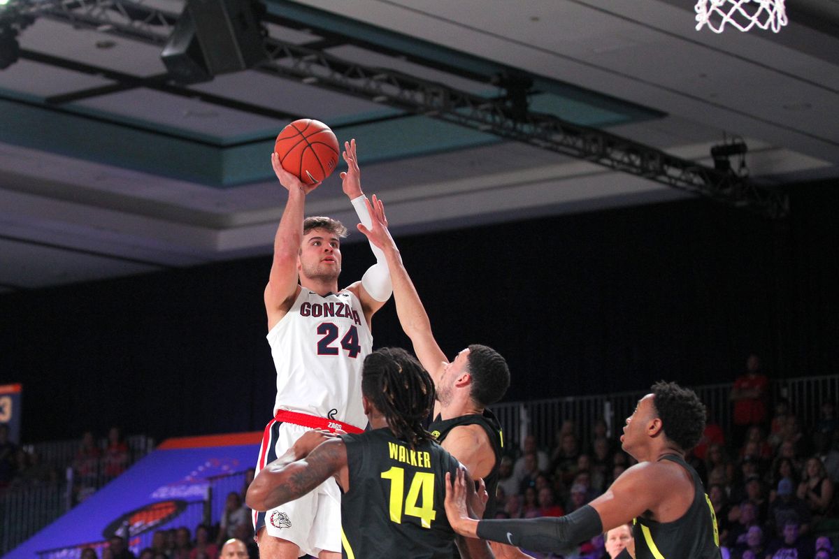 Gonzaga’s Corey Kispert shoots over the Oregon defense during a semifinal game at the Battle 4 Atlantis on Thursday, Nov. 28, 2019, in Paradise Island, Bahamas. (Torrey Vail / For The Spokesman-Review)