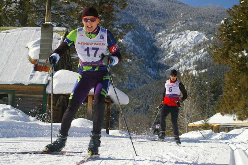 Ski-skaters fly in the Methow Pursuit 30K cross-country race. (Methow Trails)