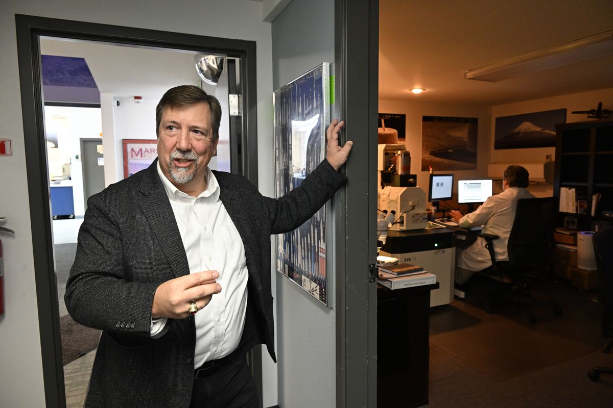Trevor Devaney, president and CEO of Hi-Rel Laboratories, stands outside a lab where a scientist uses an electron microscope in one of the testing processes offered by Hi-Rel at their facility in north Spokane Tuesday, April 7, 2026. The company, once based in California, moved to Spokane in the early 1990s and has become a critical part of the aerospace industry, including testing components on the virtually every space program going back to the shuttle missions and on the Artemis II rocket, which is now flying past the moon.  (Jesse Tinsley/THE SPOKESMAN-REVIEW)