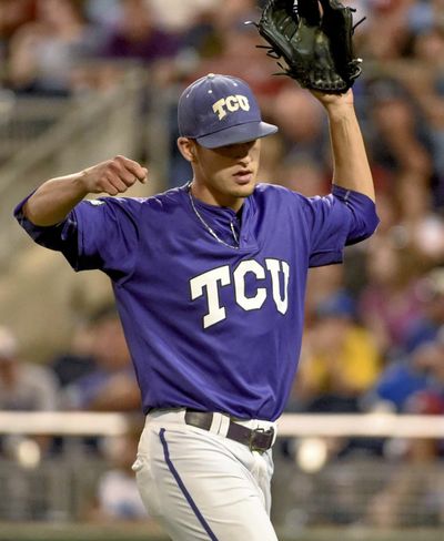 TCU pitcher Preston Guillory closed out the Horned Frogs’ elimination win Thursday over LSU at the College World Series. (Associated Press)