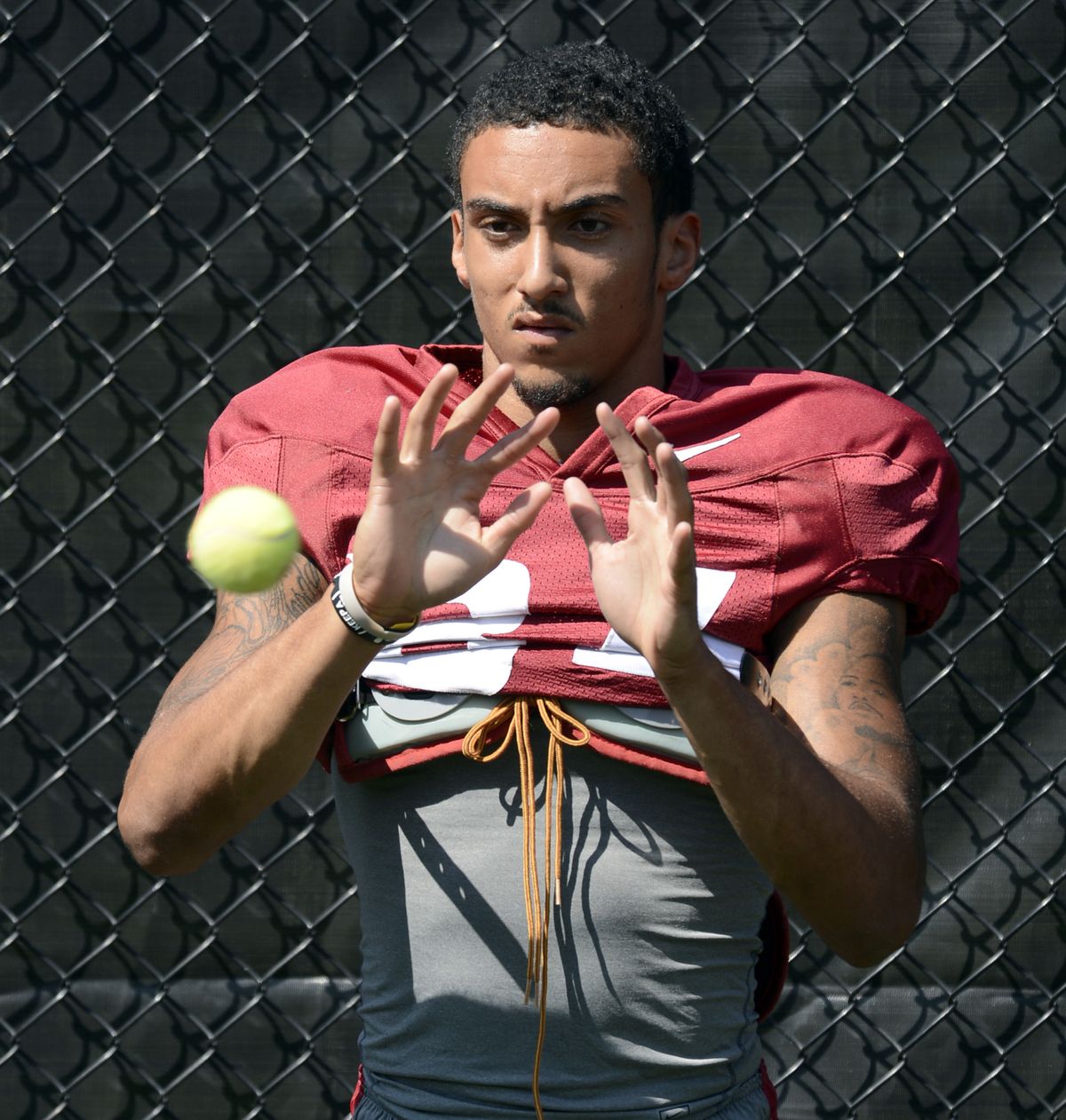 Washington State Cougars wide receiver Gabe Marks works on catching drills during a hot practice Tuesday in Pullman. (Dan Pelle)