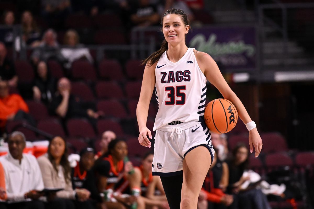 Gonzaga guard Bree Salenbien smiles between plays during the first half of a West Coast Conference Tournament semifinal against Oregon State on Monday at Orleans Arena in Las Vegas. (TYLER TJOMSLAND)