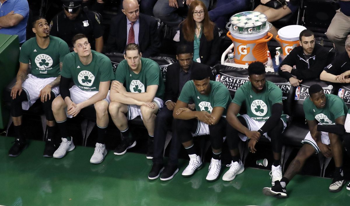 Players on the Boston Celtics bench watch play during the second half of Game 2 of the NBA basketball Eastern Conference finals against the Cleveland Cavaliers, Friday, May 19, 2017, in Boston. (Elise Amendola / Associated Press)