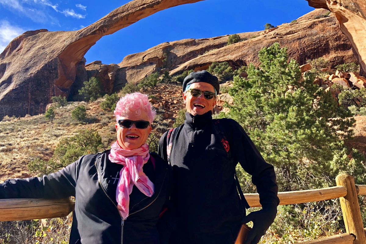 Leslie and John at Landscape Arch, on the Devils Garden Trail at Arches National Park. (Leslie Kelly)