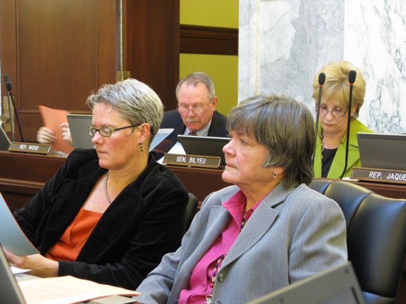 Rep. Shirley Ringo, D-Moscow, right, and Sen. Nicole LeFavour, D-Boise, left, participate in deliberations on Friday on a budget target for next year; both opposed the decision, which will force much deeper budget cuts than already proposed by the governor. (Betsy Russell)