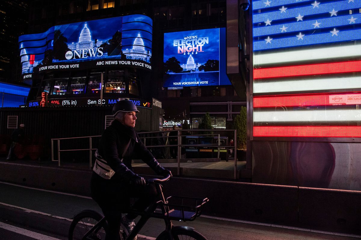 Election billboards on display in Times Square in New York on Election Night, Tuesday, Nov. 8, 2022. All the conditions were there for a wave, but in the end Republicans appeared to have generated no more than a red ripple. (Brittainy Newman/The New York Times)  (BRITTAINY NEWMAN)