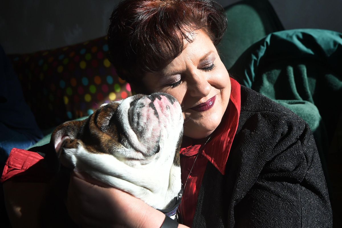 Post Falls resident Susan Broadhead holds her adopted English bulldog, Abby, at their home  Friday. Abby has recently been diagnosed with pulmonary stenosis and is in need of surgery. (Kathy Plonka / The Spokesman-Review)