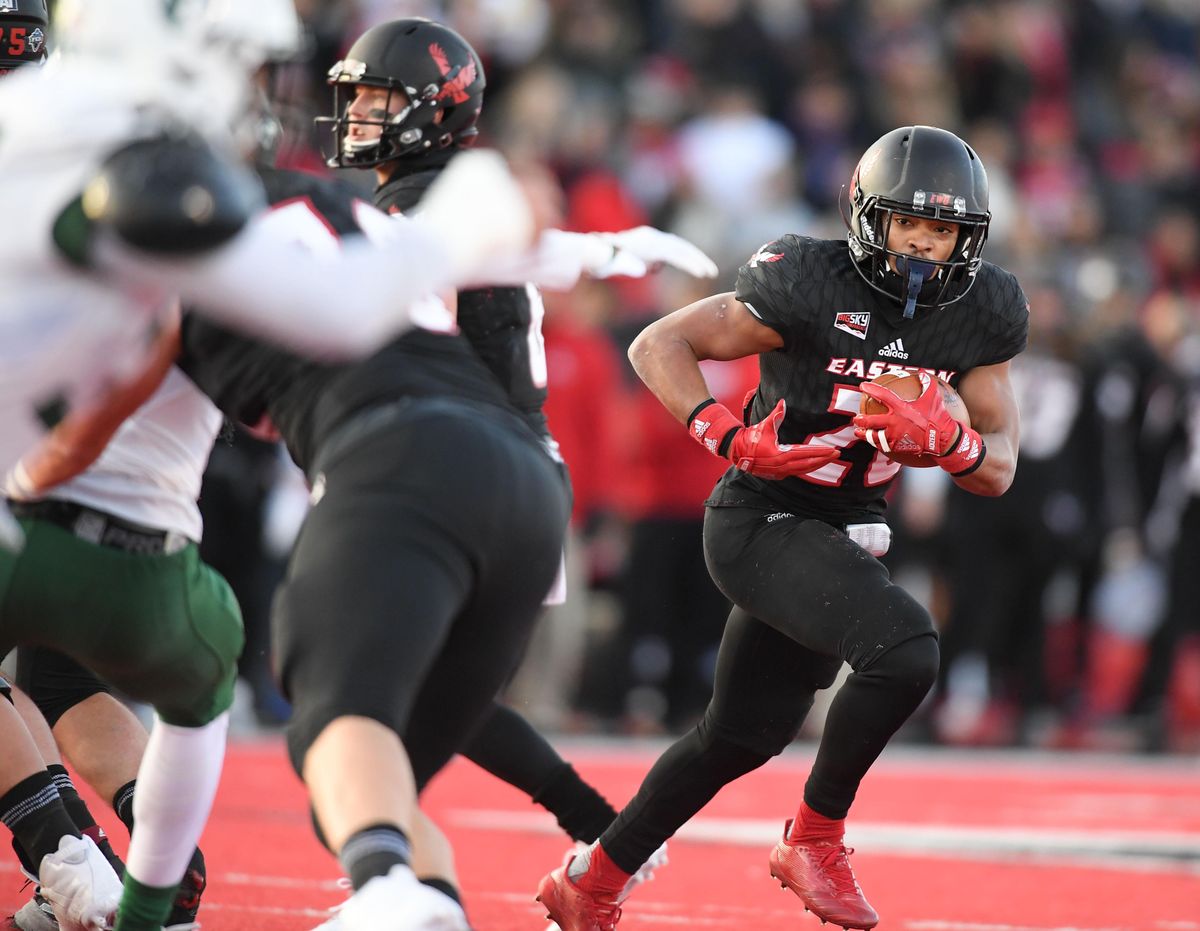 Eastern Washington Eagles running back Antoine Custer Jr.  runs the ball against Portland State during the first half  Nov. 18, 2017, at Roos Field in Cheney. (Tyler Tjomsland / The Spokesman-Review)