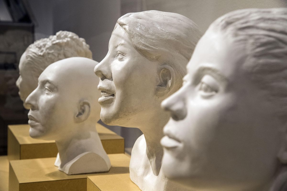 Annie, the 2,300-year-old mummy, Sept. 20, 2016, at the Northwest Museum of Arts & Culture, is depicted in a bust, second from right. (Dan Pelle / The Spokesman-Review)