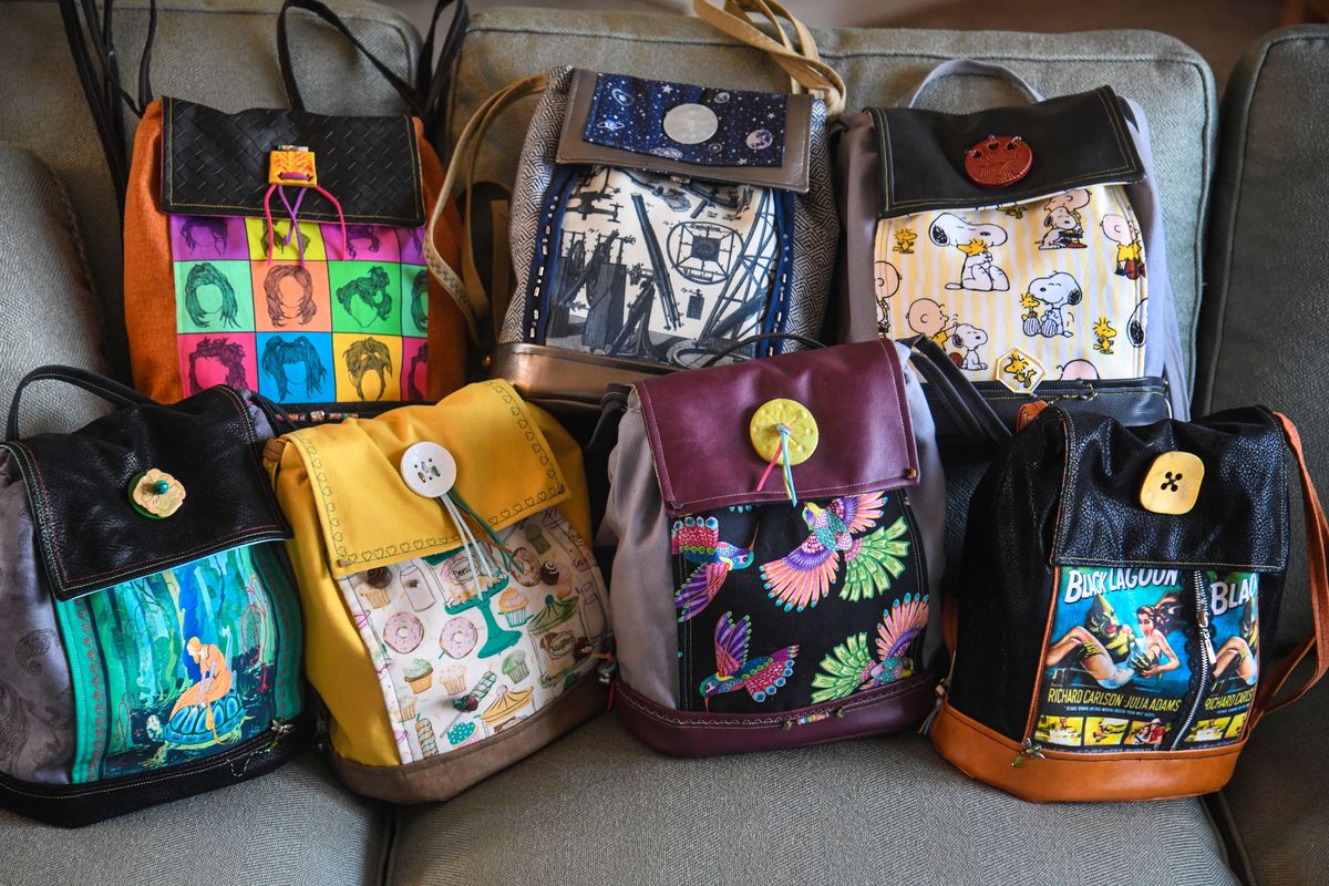 A sampling of Dianne McDermott’s bike bags are shown at her Liberty Lake home.  (Dan Pelle/THESPOKESMAN-REVIEW)