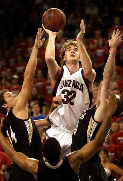 
Zags' Sean Mallon cuts through the Hornets' defense in exhibition game at the McCarthey Athletic Center. Mallon scored a game-high 28 points.
 (Brian Plonka / The Spokesman-Review)