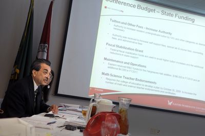 Eastern Washington University President Rodolfo Arévalo presents  a proposed university budget during an open session with the board of trustees on the Cheney campus Friday.  Cutbacks across departments and operations were outlined.  (CHRISTOPHER ANDERSON / The Spokesman-Review)