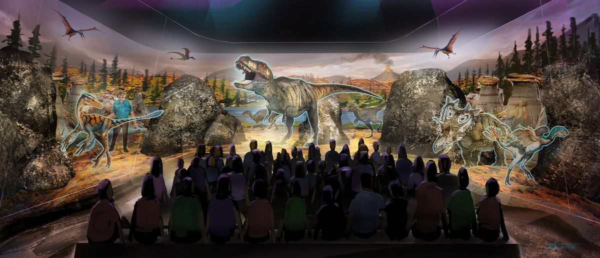 This undated artist rendering provided by BASE Hologram shows a prototype three-dimensional hologram display for a dinosaur exhibit. (Associated Press)