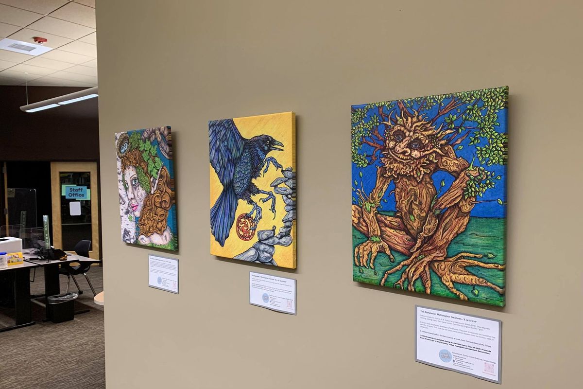 Steph Sammons’ are on display at Liberty Lake Library. Sometimes Sammons work relates to current events. She painted “E is for Ent,” the Shepherd of the trees during the forest wildfires last year.  (Courtesy)