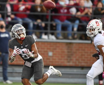 Former WSU receiver Calvin Jackson Jr. celebrates against USC last season in Pullman. Jackson signed Monday with the New York Jets.  (Tyler Tjomsland/The Spokesman-Review)