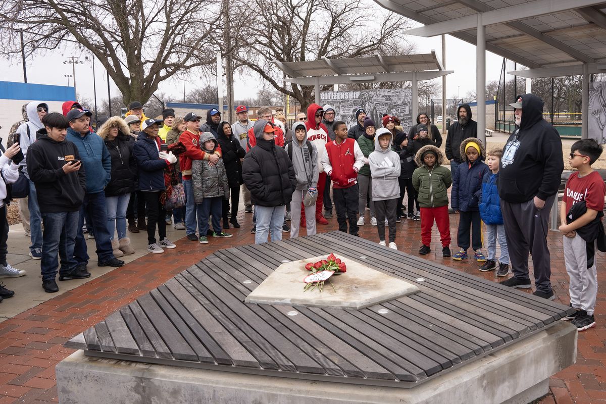 League 42 director Bob Lutz, far right, addressed the crowd of 80 people gathered at the Jackie Robinson pavilion at McAdams Park on Saturday, Jan. 27, 2024, in Wichita, Kansas. (Jaime Green/The Wichita Eagle/TNS)  (Jaime Green/The Wichita Eagle/TNS)