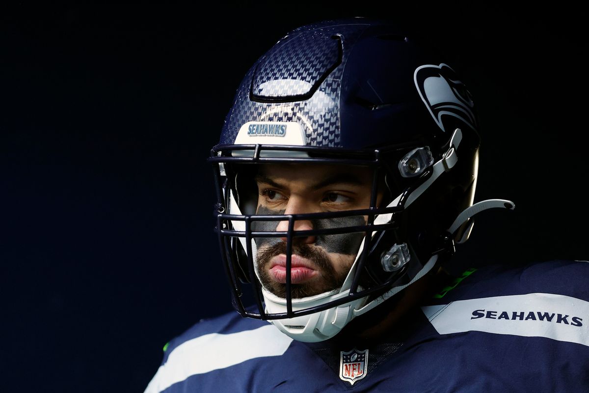 Seahawks right tackle Abraham Lucas looks on before a Dec. 11 game against the Carolina Panthers at Lumen Field in Seattle.  (Getty Images)