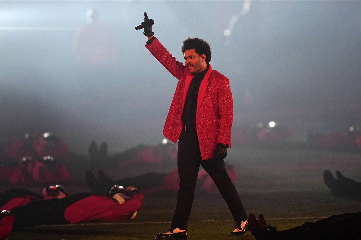 The Weeknd performs during halftime of the NFL Super Bowl 55 football game between during the halftime show of the NFL Super Bowl 55 football game between the Kansas City Chiefs and Tampa Bay Buccaneers, Sunday, Feb. 7, 2021, in Tampa, Fla.  (David J. Phillip)