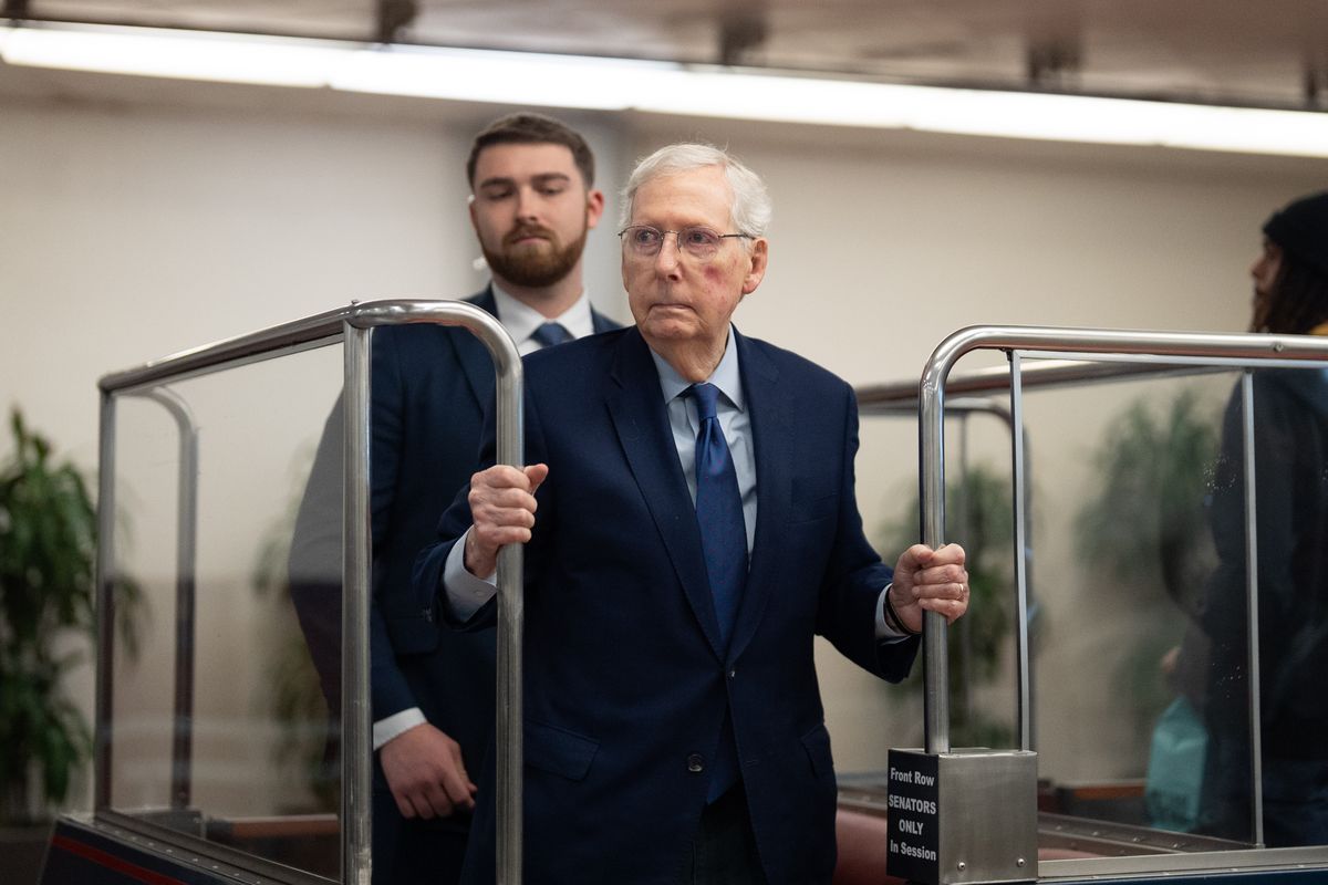 Sen. Mitch McConnell (R-Kentucky) is pictured on Jan. 8 in the Senate subway at the Capitol.   (Sarah L. Voisin/The Washington Post)