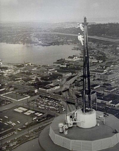 
Warren Hinrichs is shown in a photo with his father high atop the Seattle Space Needle as they made repairs. Warren Hinrichs began working for his dad, Bill, at age 18 and they eventually worked together on a number of projects. The father-son team combined for almost 100 years of climbing tall structures. 
 (FILE / The Spokesman-Review)