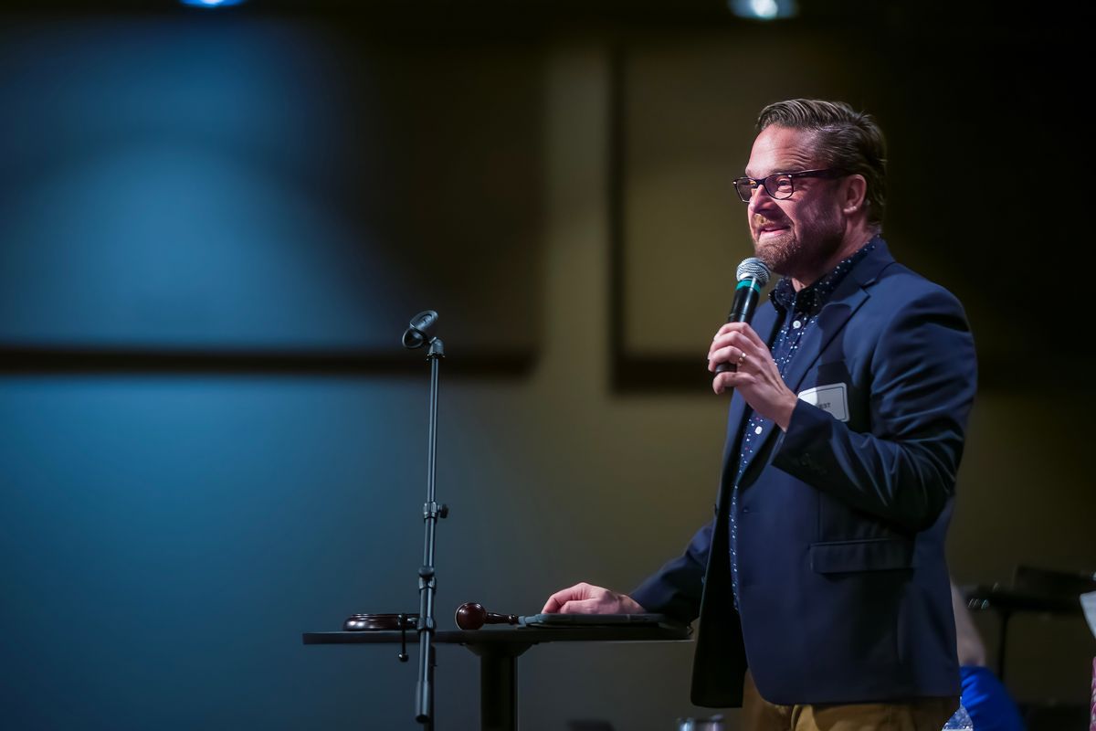 Brian Noble, the new chair of the Spokane County Republican Party, speaks to a crowd of precinct committee officers Dec. 10 at Valley Assembly of God church.  (Colin Tiernan/The Spokesman-Review)