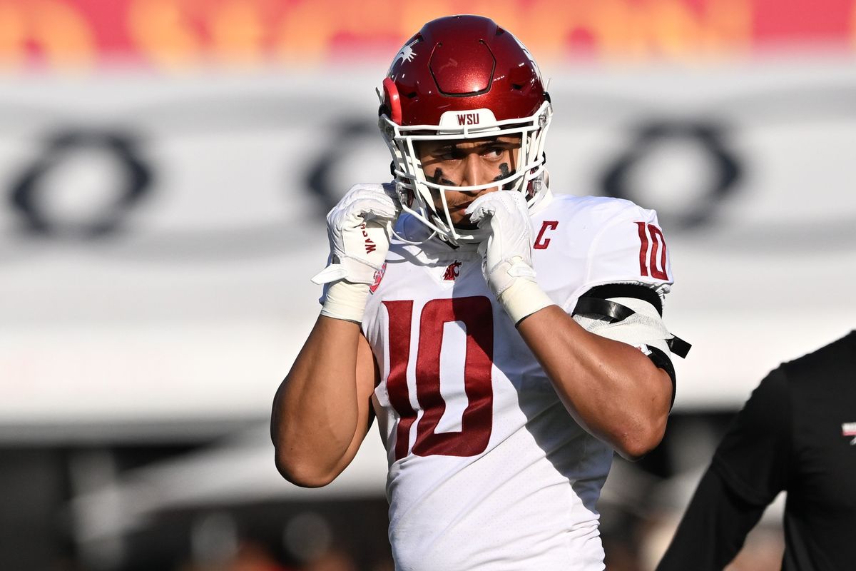 Washington State edge rusher Ron Stone Jr. prepares to line up for a play against USC during the first half of a Pac-12 game on Oct. 8 at Los Angeles Memorial Coliseum.  (Tyler Tjomsland/The Spokesman-Review)