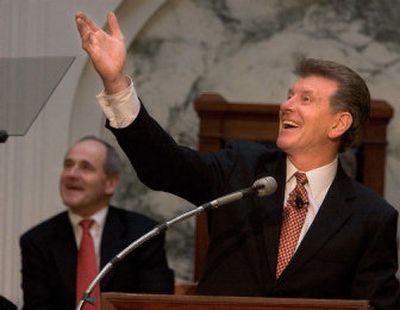 
Gov. Butch Otter acknowledges his wife, Lori, who is sitting in the gallery Monday during his address to a joint session of the Legislature in Boise. 
 (Associated Press / The Spokesman-Review)