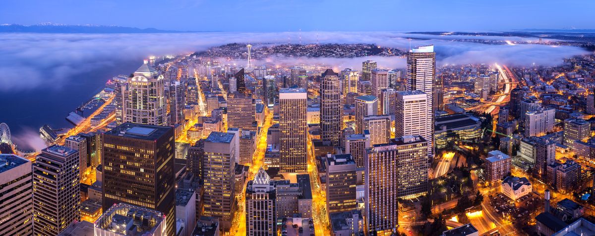A foggy Seattle morning from the Sky View Observatory.
