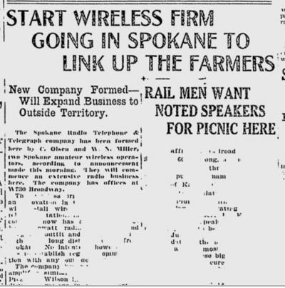 The arrival of wireless communication in the Inland Northwest was heralded on the front page of the Spokane Chronicle on June 21, 1920.  (S-R archives)