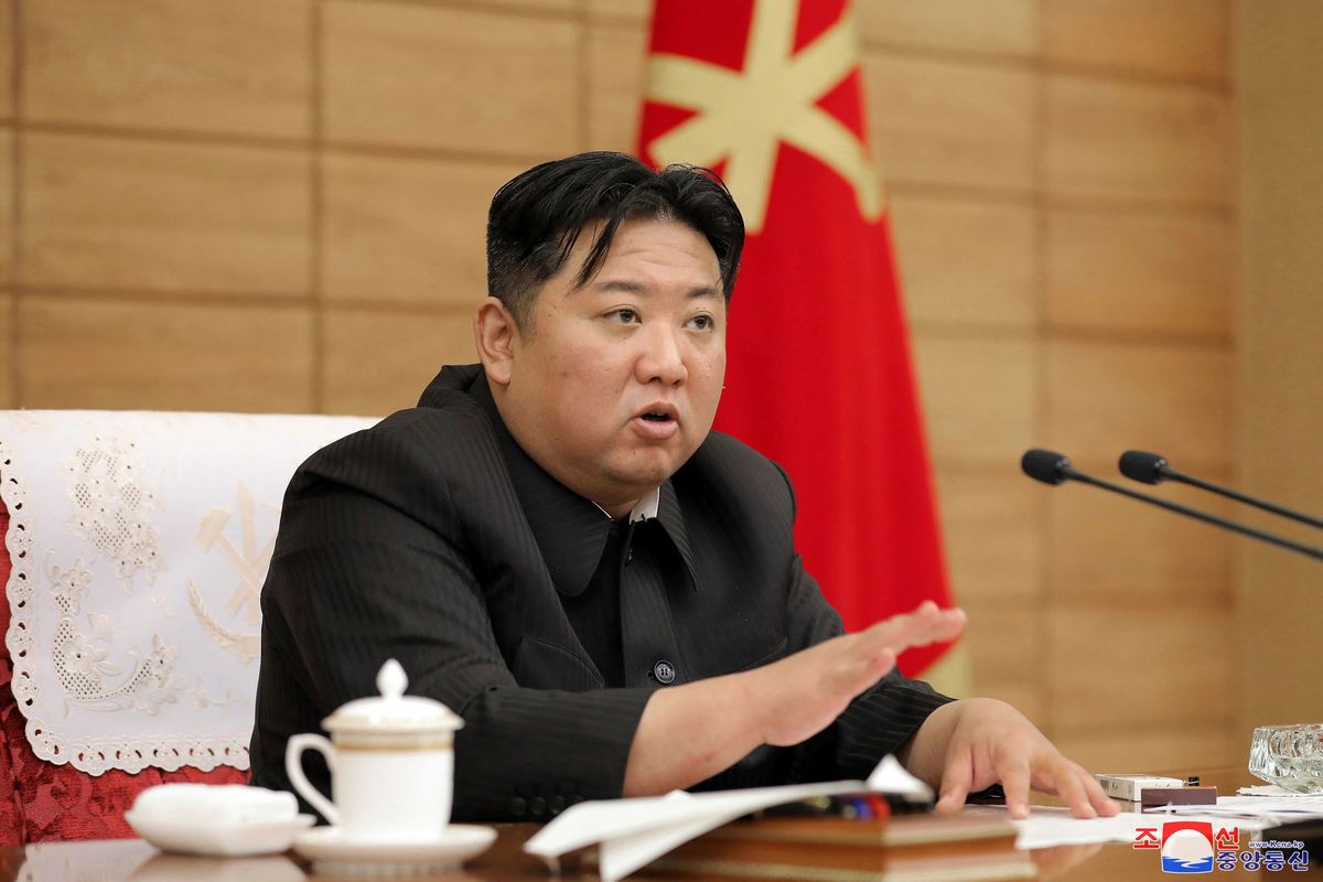 In this photo provided by the North Korean government, North Korean leader Kim Jong Un attend a a ruling party politburo meeting in Pyongyang, North Korea Saturday, May 21, 2022. Independent journalists were not given access to cover the event depicted in this image distributed by the North Korean government. The content of this image is as provided and cannot be independently verified. Korean language watermark on image as provided by source reads: "KCNA" which is the abbreviation for Korean Central News Agency.  (HOGP)