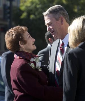 Freda Cenarrusa greets Lt. Gov. Brad Little after the funeral service for her husband, Pete Cenarrusa, the longest serving elected official in state history, outside St. John's Cathedral, Friday, Oct. 4, 2013 in Boise, Idaho. (AP/Idaho Statesman / Katherine Jones)
