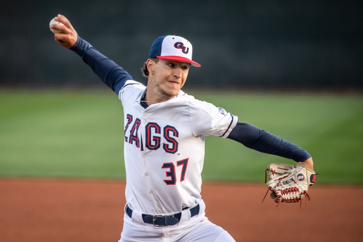 Gonzaga right-handed pitcher Alek Jacob pitches the ball in the fifth inning against BYU, Thursday, April 22, 2021, at Gonzaga University.  (COLIN MULVANY/THE SPOKESMAN-REVIEW)