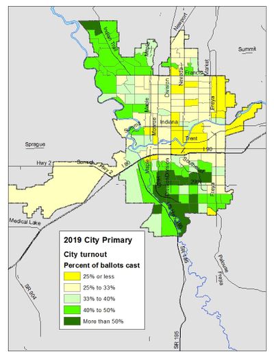 As of Friday’s vote count, turnout in the city primary was about 33%, although as this map shows, it varied widely across Spokane, with many of the lightest voting precincts in the Northeast Council District 1. (Jim Camden / The Spokesman-Review)