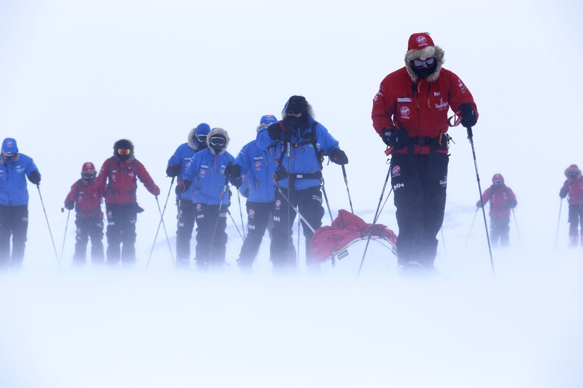Prince Harry, right, during training near Novo, Antarctica, ahead of an Antarctic charity race. (Associated Press)