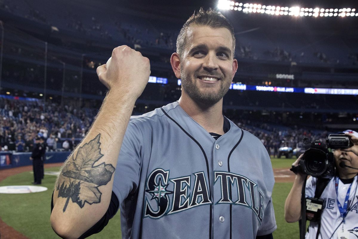 Seattle Mariners starting pitcher James Paxton shows off his Maple Leaf tattoo after pitching a no-hitter against the Toronto Blue Jays in a baseball game Tuesday, May 8, 2018, in Toronto. (Fred Thornhill / Canadian Press via AP)
