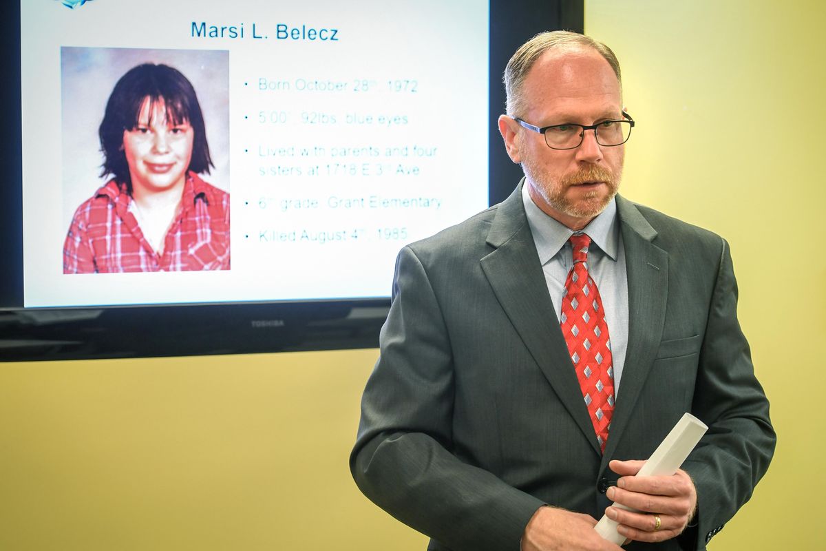 Spokane police Capt. Brad Arleth describes the 35-year investigation into the murder of Marsi Belecz during a news conference on Wednesday, March 25, 2020. Police have identified her killer as Clayton Giese, who died in a car crash in 1989. (Dan Pelle / The Spokesman-Review)