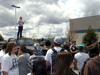 Coeur d’Alene High School senior Ariel James urges students to attend the school district  board meeting Monday night during a protest at the school Monday. Special to  (Special to / The Spokesman-Review)