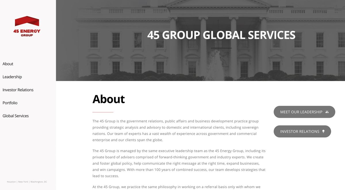 This screen shot from the 45 Energy Group website, shows their Global Services webpage. As part of their impeachment inquiry, House Democrats have subpoenaed Rudy Giuliani for documents and communications related to dozens of people, as well as 45 Energy Group. (AP)