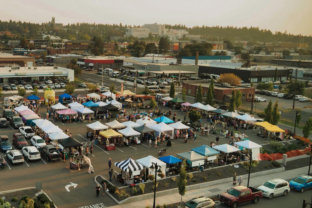 An aerial view of the Spokane Night Market and Street Fair located near downtown Spokane in the Sprague Union District. (Courtesy of Alena Horowitz)