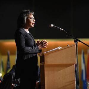 Anita Hill delivers the annual Bellwood Lecture at the University of Idaho on Wednesday, Oct. 11, 2017. (Betsy Russell / The Spokesman-Review)