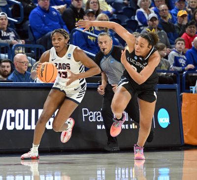 Gonzaga forward Yvonne Ejim (15) dribbles downcourt during a first-round NCAA Tournament victory over UC Irvine at the McCarthey Athletic Center in March.  (Colin Mulvany/The Spokesman-Review)