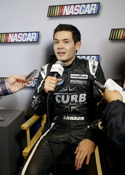 Kyle Larson, who is being hyped by some of auto racing’s current greats as the next big thing in the sport, meets the media at Daytona International Speedway. (Associated Press)
