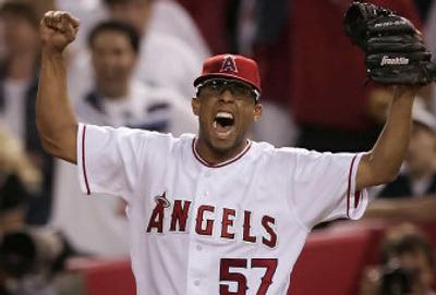 
Angels closer Francisco Rodriguez celebrates the final out of Game 5 of their American League Division Series against New York. 
 (Associated Press / The Spokesman-Review)