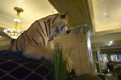 
A stuffed tiger guards the Davenport Tower lobby as artist Melville Holmes paints African scenes on the far wall Wednesday. Spokane's newest hotel facility  is due to open in mid-January. 
 (Christopher Anderson / The Spokesman-Review)