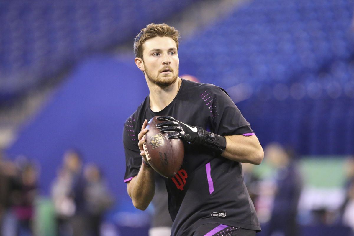 Washington State quarterback Luke Falk is seen at the 2018 NFL Scouting Combine on Saturday, March 3, 2018, in Indianapolis. (Gregory Payan / Associated Press)