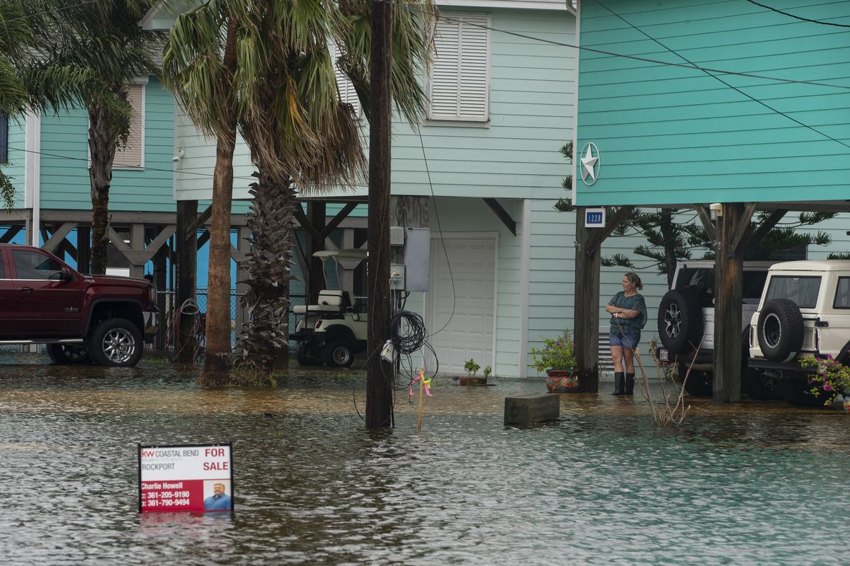 A flooded streets in Rockport, Texas, as Tropical Storm Beta approaches on Monday, Sept. 21, 2020.  (Courtney Sacco)