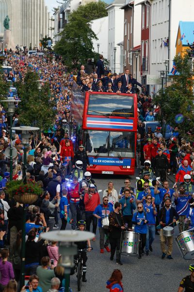 Icelandic soccer fans celebrated Monday as their national team came home to a hero’s welcome from the European Championship. (Brynjar Gunnarsson / Associated Press)