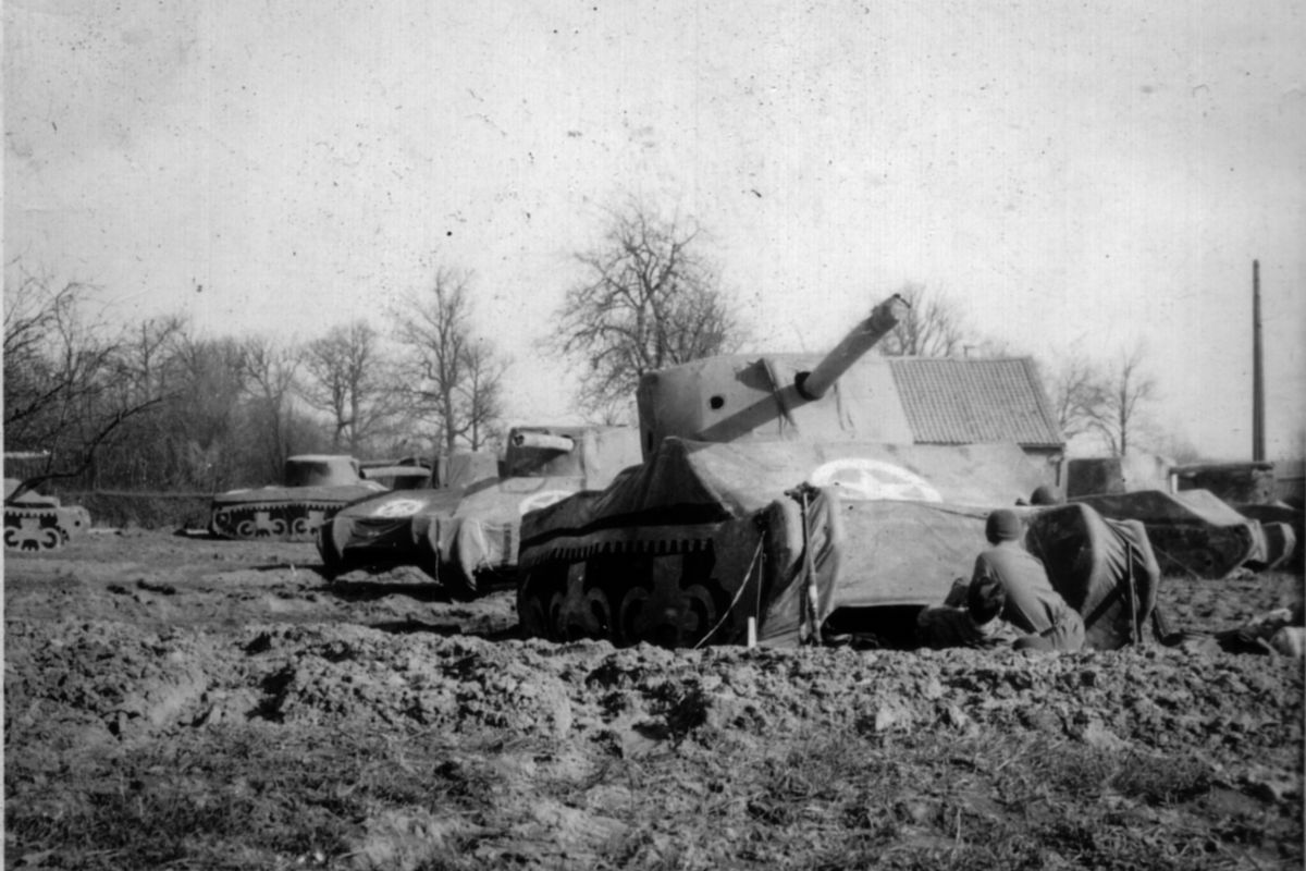 Ghost Army inflatable tanks along the Rhine River in March 1945.    (Ghost Army Legacy Project)